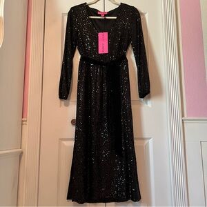 Betsy Johnson Cocktail Party Dress Black Long Sleeve Midi Side Slit Velvet Belt